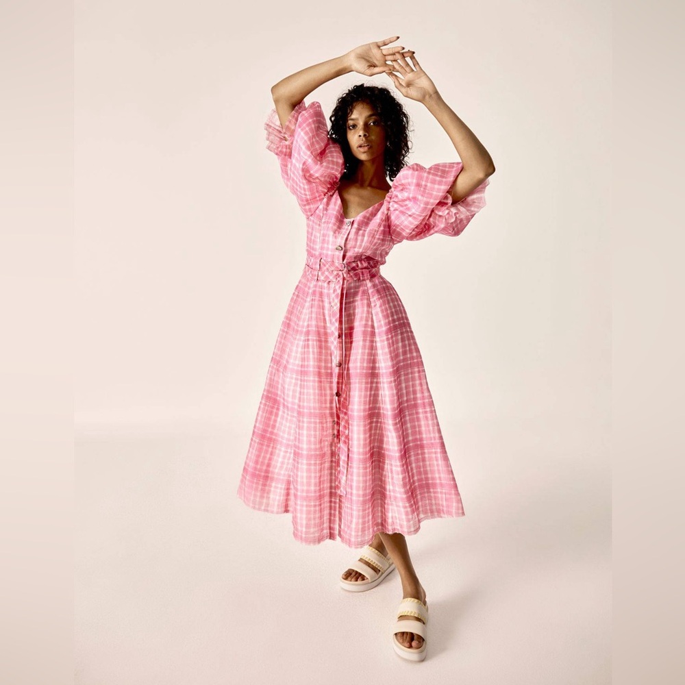 Aje Bungalow Puff Pink Midi Dress